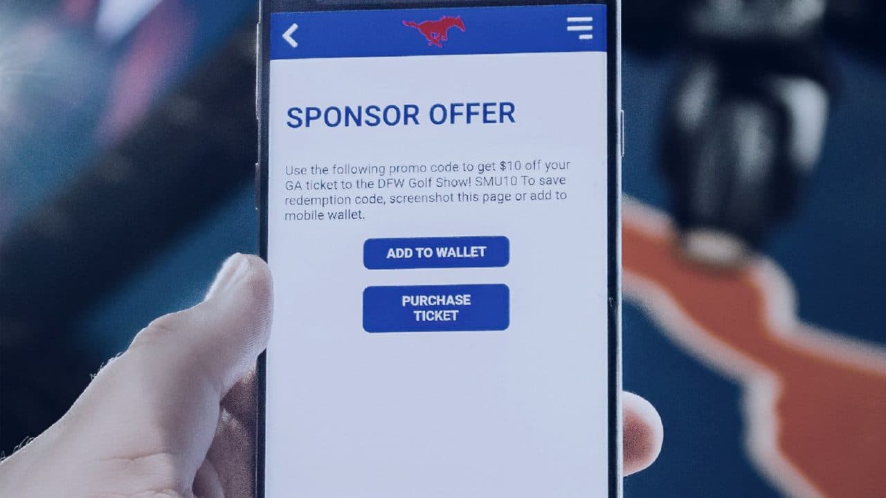 Sponsor offer on a fan's phone with add-to-wallet and purchase-ticket buttons